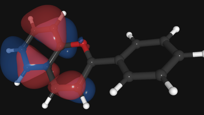 A computer rendering of a molecule. It appears like balls connected with sticks. There are lumpy clouds surround it that represent electron orbitals.