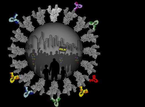 Illustration of protest marchers encircled by an illustration of coronavirus spikes. A protestor holds a #BLM sign.