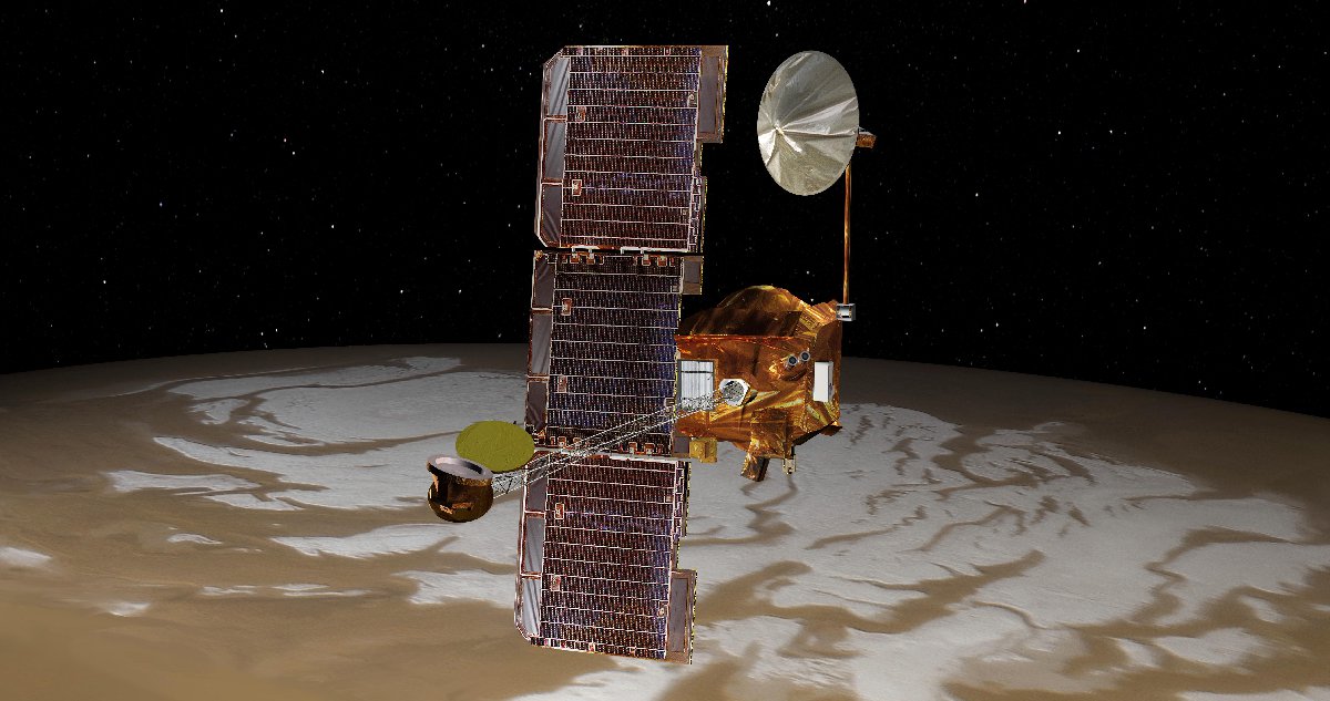 A satellite-like spacecraft appears above the icy surface of Mars.