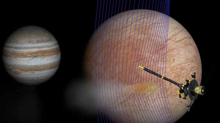 artist's illustration of Jupiter and Europa with the Galileo spacecraft