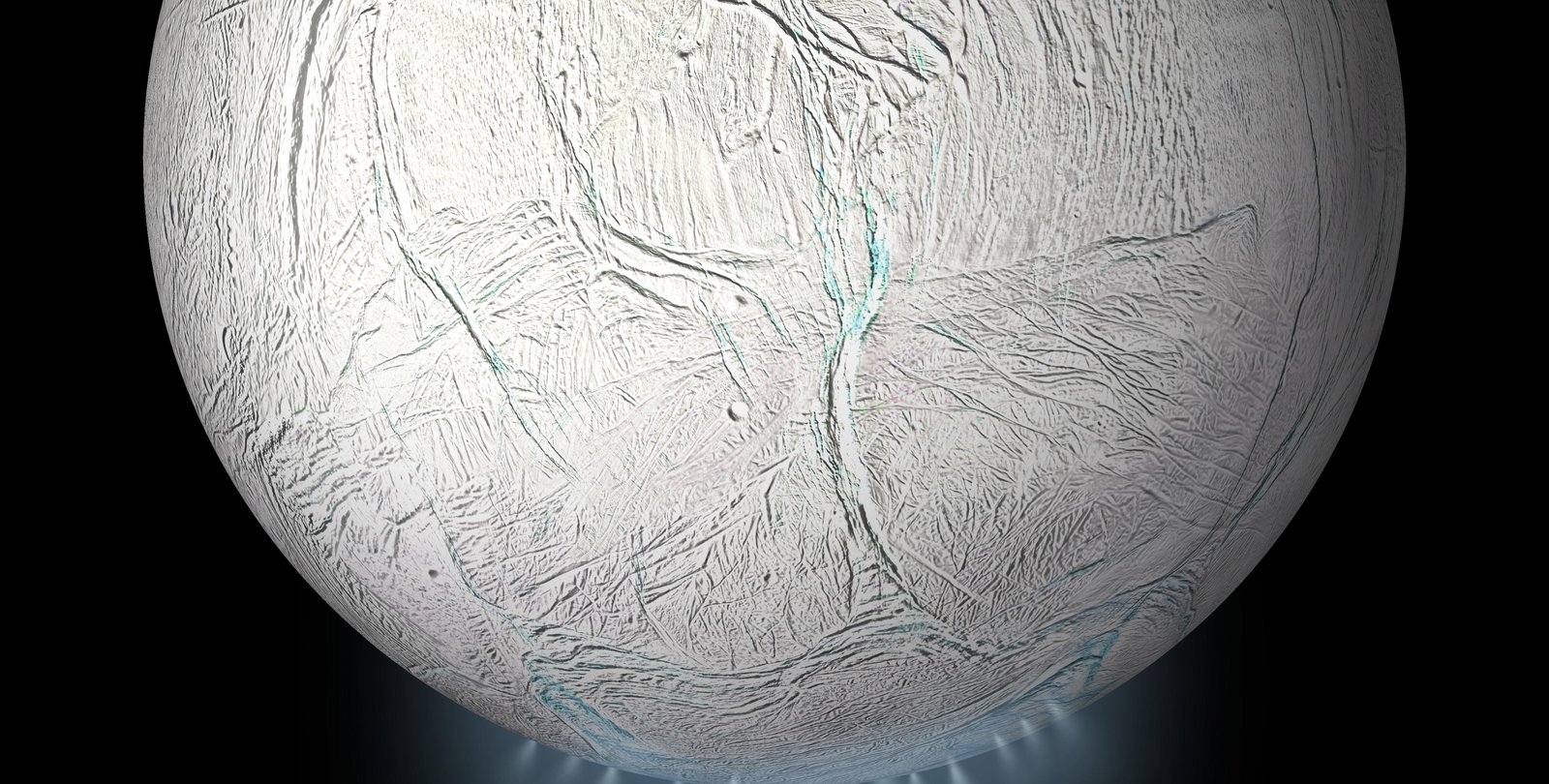 An illustration of Enceladus, depicting the icy plume of particles.