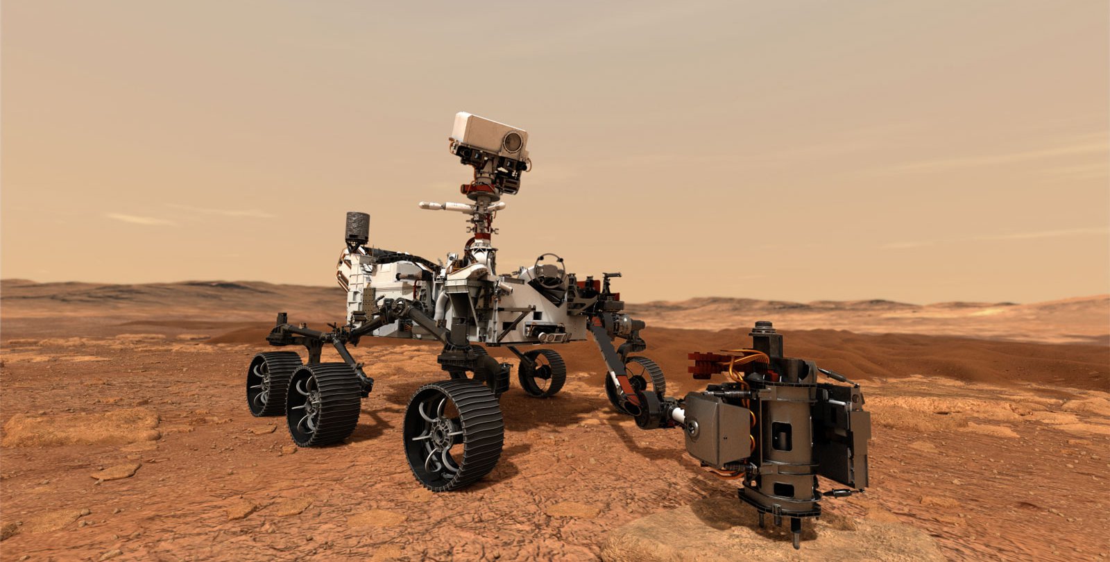 An artist's rendering of a rover drilling into a rock on the surface of Mars.