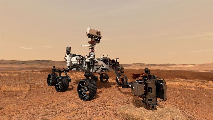 An artist's rendering of a rover drilling into a rock on the surface of Mars.