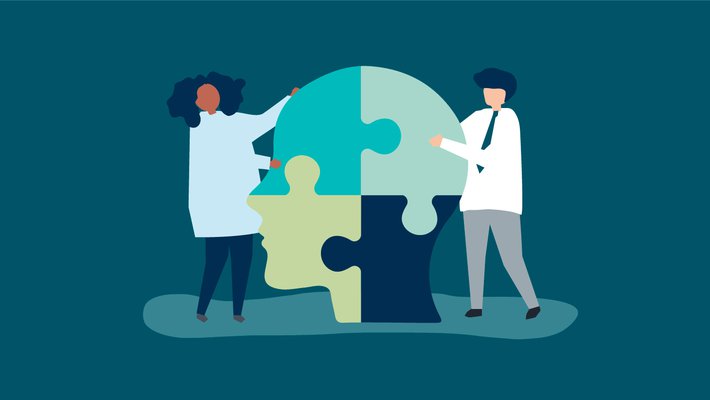 Artwork of people looking at a brain puzzle