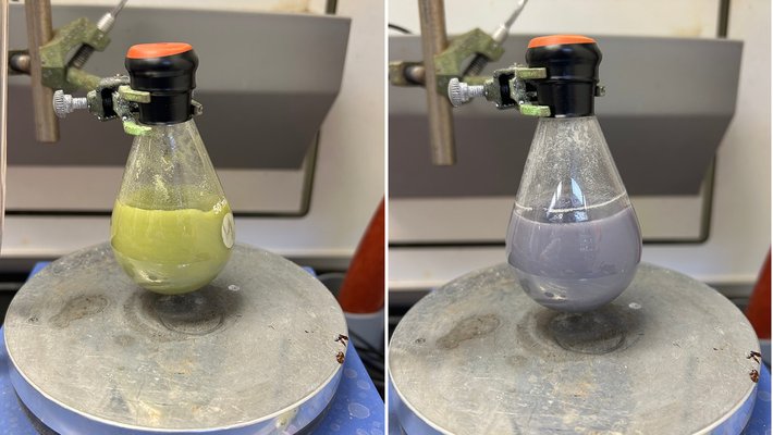This image shows different stages of a chemical reaction with the samarium diiodide reagent. The flask on the left contains a yellow, inactive form of the compound—over time, the compound becomes active and turns purple, as seen on the right.