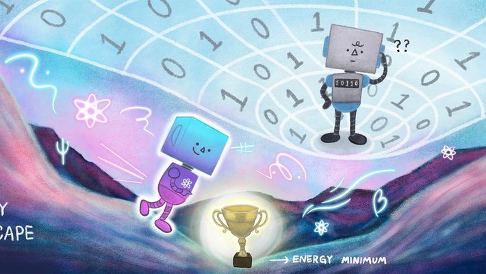 A cartoon depicting a quantum computer beating a classical computer in finding the lowest energy