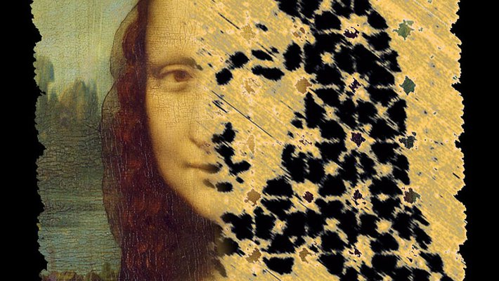 The original painting of Mona Lisa overlaid with an atomic force microscopy image of the Mona Lisa self-assembled from DNA origami tiles.