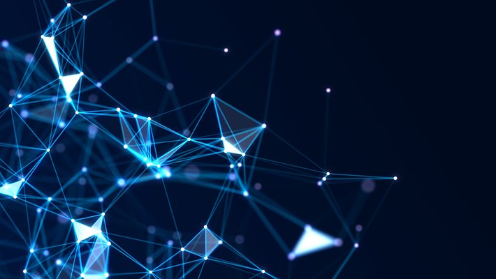 Blue geometric lines and dots represent quantum chaos.