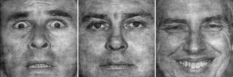 A series of three faces: fearful, neutral, and happy.