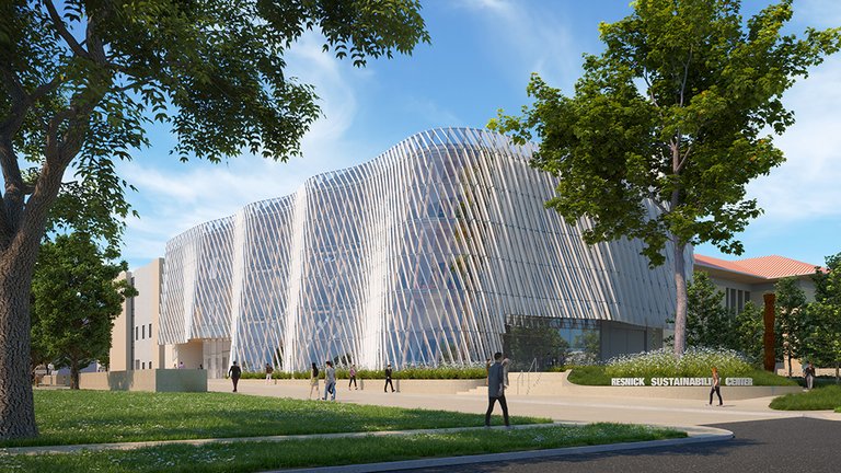 Architectural rendering of the Resnick Sustainability Center as viewed from Wilson Avenue