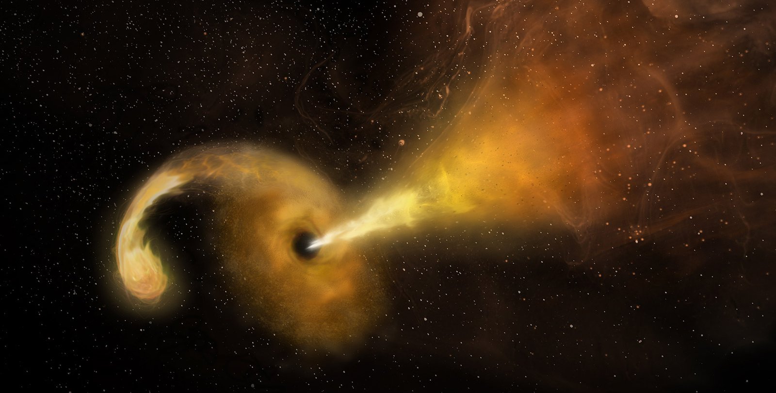 Artwork of a black hole eating a star, and producing a jet.