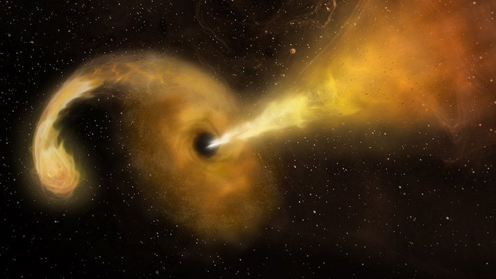 Artwork of a black hole eating a star, and producing a jet.