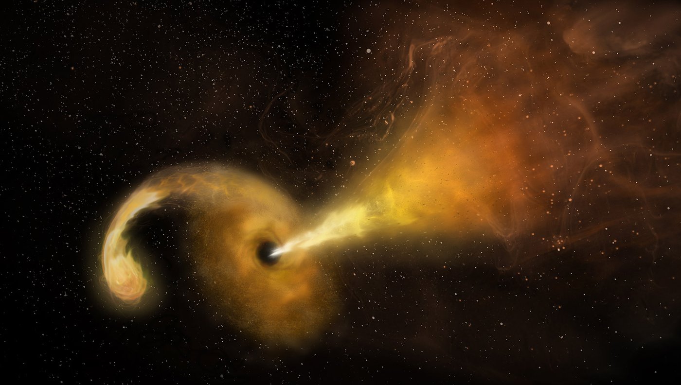 Artwork of a black hole eating a star, and producing a jet.