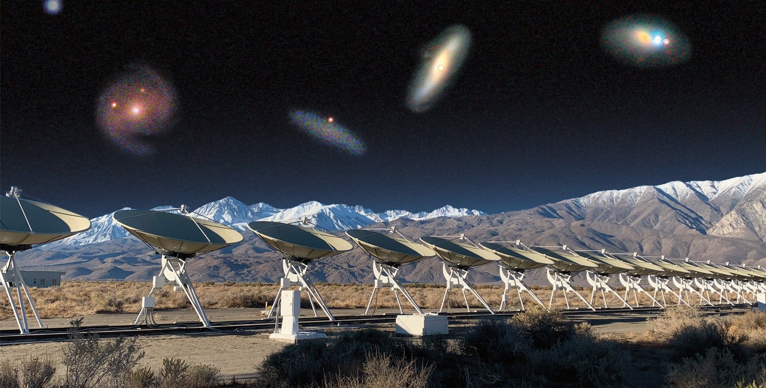A photo montage of the DSA-110 radio telescopes with the FRB host galaxies in the sky.