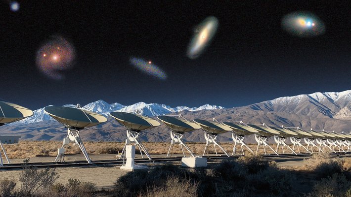 A photo montage of the DSA-110 radio telescopes with the FRB host galaxies in the sky.