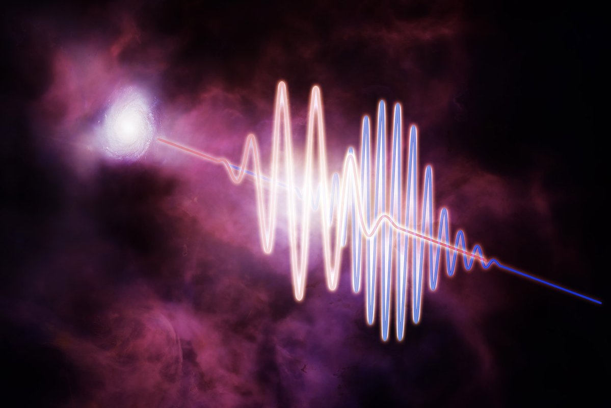 Artwork showing how radio light from a galaxy becomes dispersed.