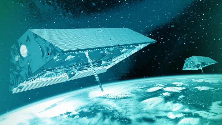 Blue-filtered image of GRACE satellites orbiting Earth