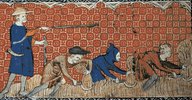 medieval tapestry depicting serfs harvesting wheat