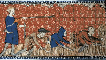 medieval tapestry depicting serfs harvesting wheat