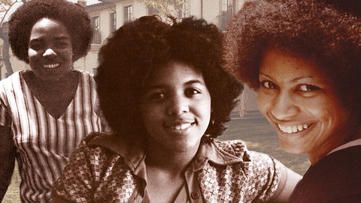 Karen Maples, MD (BS '76); Deanna Hunt (BS '76); and Lauretta Carroll (BS '77) in front of a background of historical images of Caltech