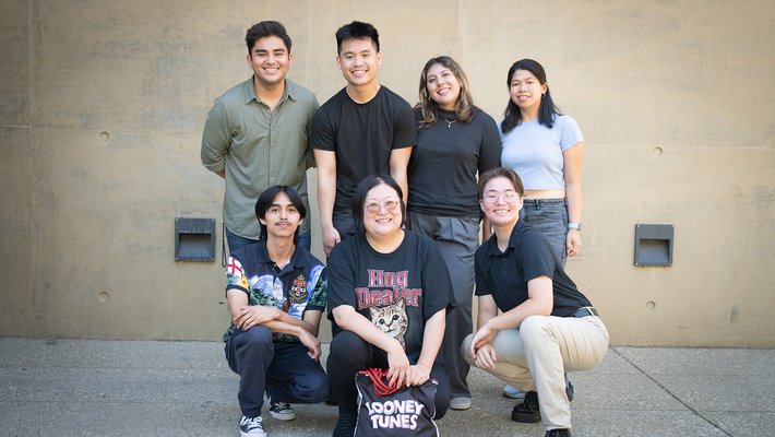 David Cagan (top left) poses with the Rising Tide cohort. Top row, from left to right: Cagan, Vincent Vu, Rebecca Ramirez, Chaw Soe. Bottom row: Pablo Romero, Shelli Wang, Seiji Sakamoto.
