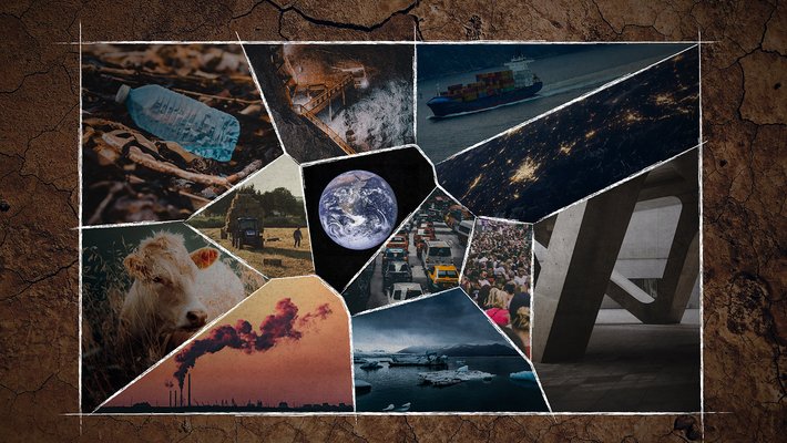 A collage of images including a container ship, a plastic bottle on soil, a cow near wheat, and a picture of the planet Earth