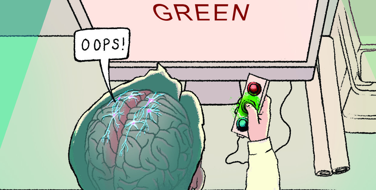 An artist's cartoon showing a person making a mistake while using a computer.