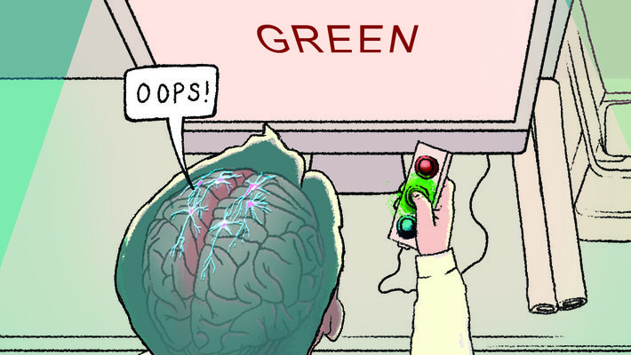 An artist's cartoon showing a person making a mistake while using a computer.