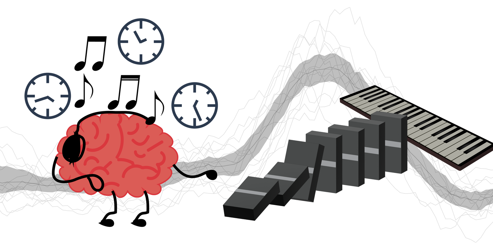 A cartoon brain in front of a readout of brainwaves