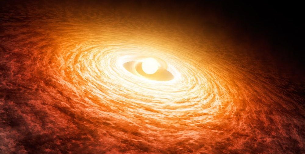 Artwork of a young FU Ori star surrounded by a swirling hot disk.