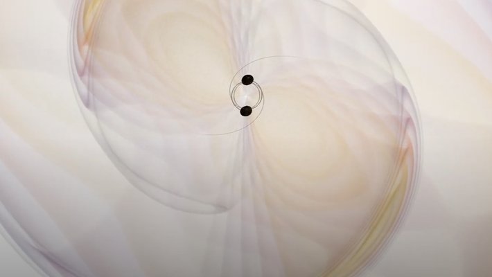 Two black dots surrounded by swirling waves.