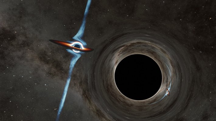 Artwork of two supermassive black holes, one of which has a powerful jet