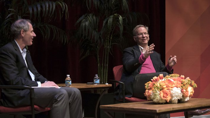 Eric Schmidt, executive chairman of Alphabet (right), speaks with Caltech President Thomas F. Rosenbaum about how rapid changes in technology will affect society.