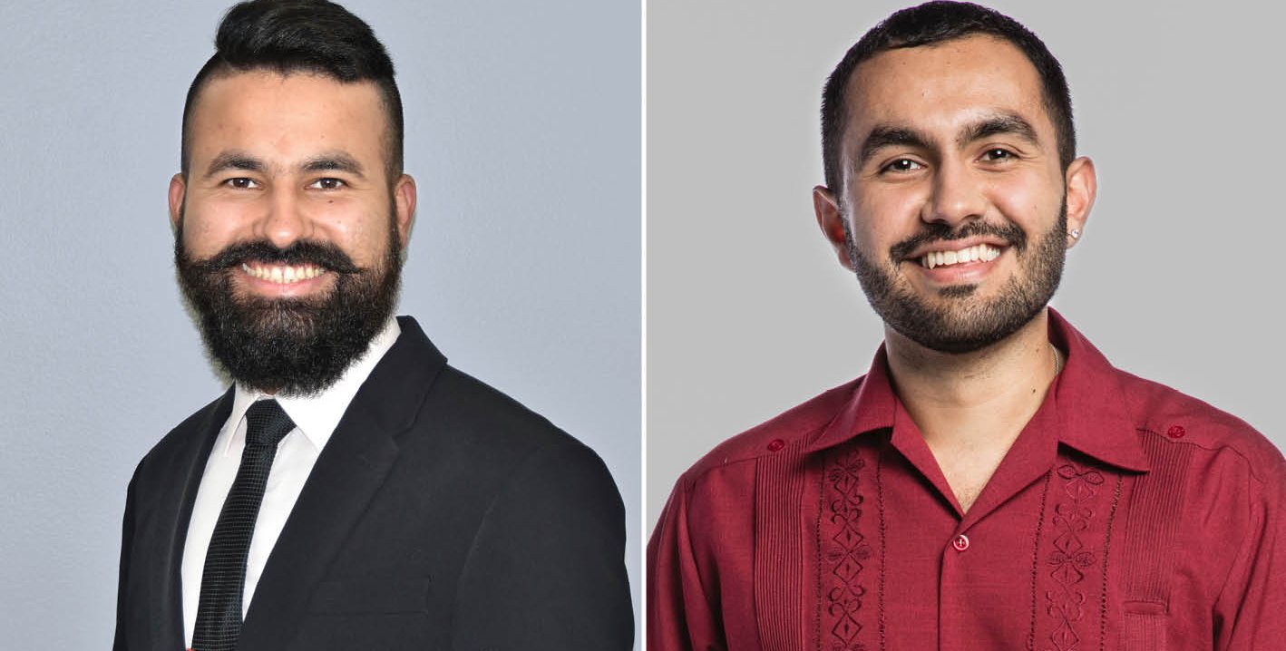 Left: headshot of a man in a suit jacket and tie. Right: headshot of a man in a red button up shirt.