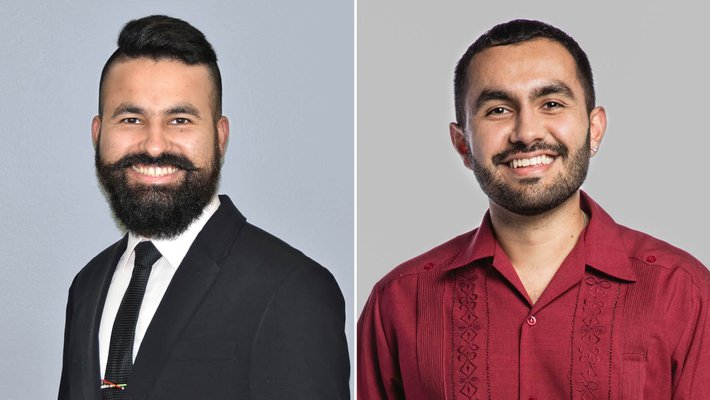 Left: headshot of a man in a suit jacket and tie. Right: headshot of a man in a red button up shirt.