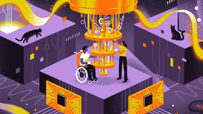 Illustration of a quantum computer with two people next to it, one in a wheelchair