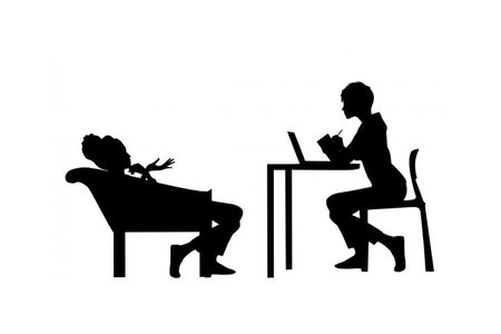 Black and white silhouette of a female counselor interacting with a female patient