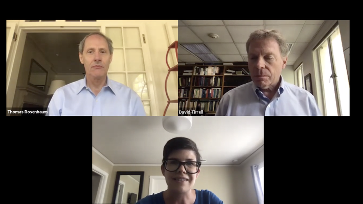 President Thomas F. Rosenbaum, Provost David A. Tirrell and Jennifer Howes, executive director of student wellness services, appear in online discussion.