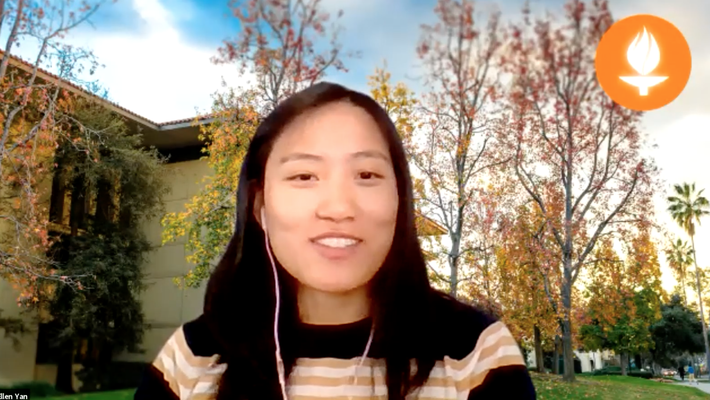 Ellen Yan in Zoom meeting with campus background