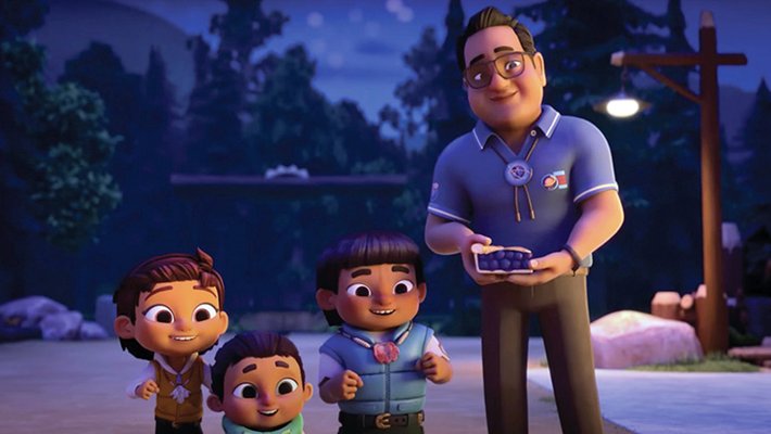 Aaron Yazzie photo inset atop an animated version of himself appearing in the Netflix show Spirit Rangers