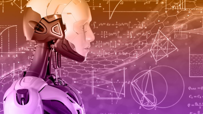 Artwork of a robot in front of math formulas.