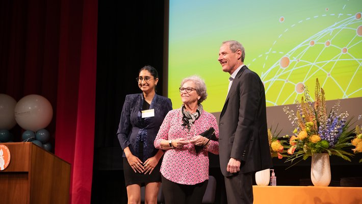 Elvira Sepra (center), server for Dining Services, accepts her ASCIT Staff Appreciation Award.