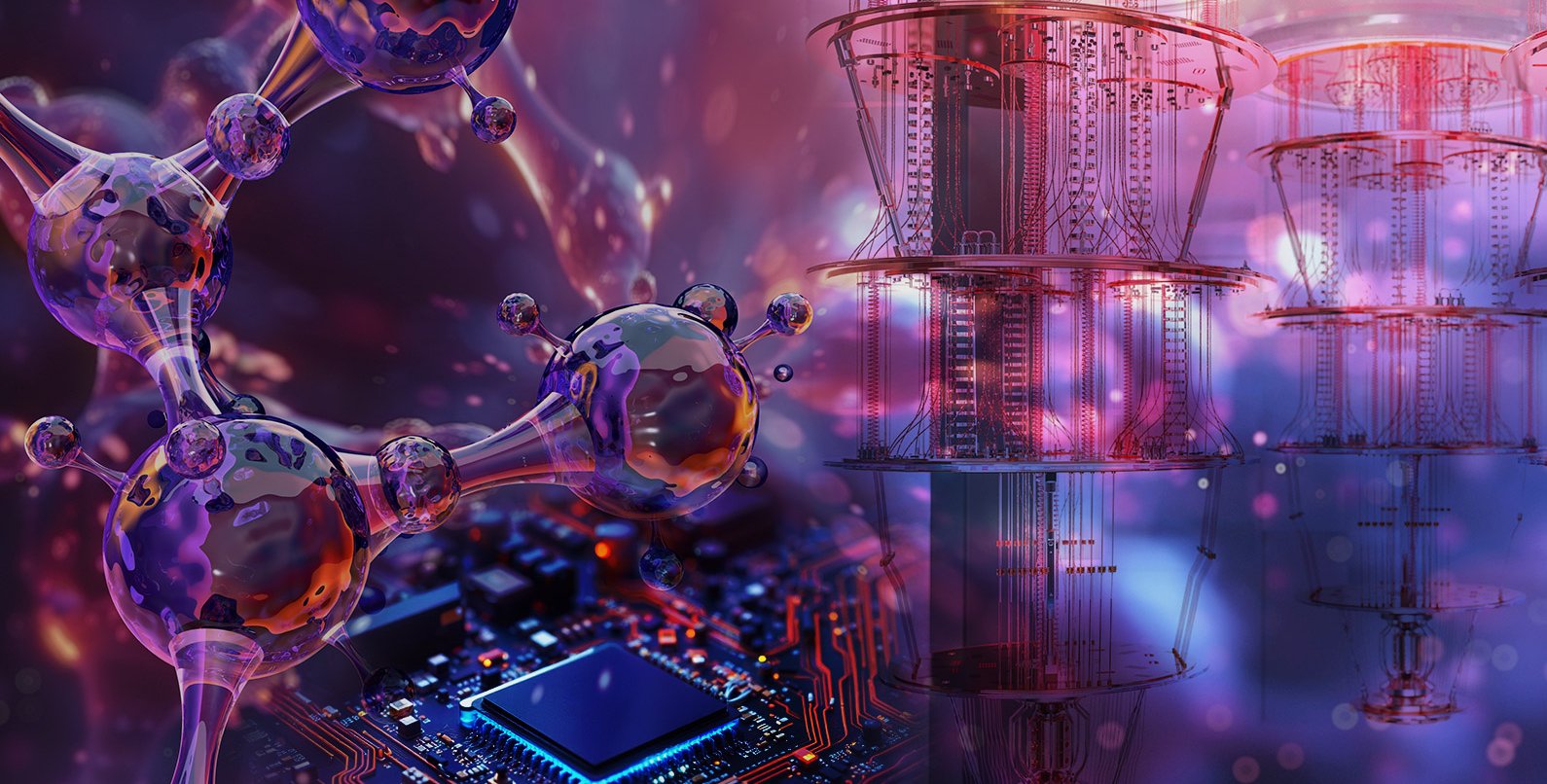 Composite image showing chemical bonds with references to quantum computing and traditional computers.