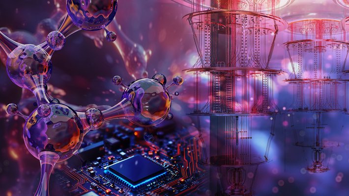 Composite image showing chemical bonds with references to quantum computing and traditional computers.