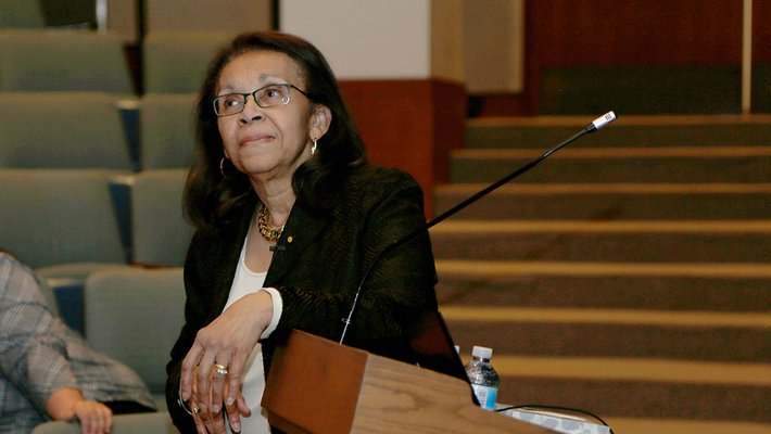 Shirley Malcom speaks at a podium at Caltech.