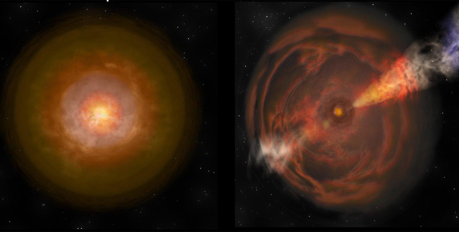 Artwork comparing normal supernova and Cow-like supernova.