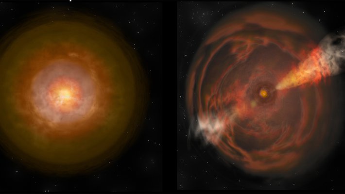 Artwork comparing normal supernova and Cow-like supernova.