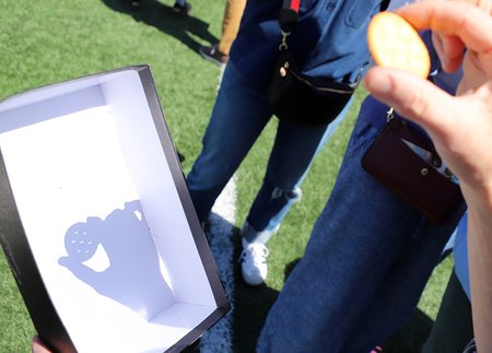 A Ritz cracker is positioned against a white background, casting crescent moon-shaped shadows