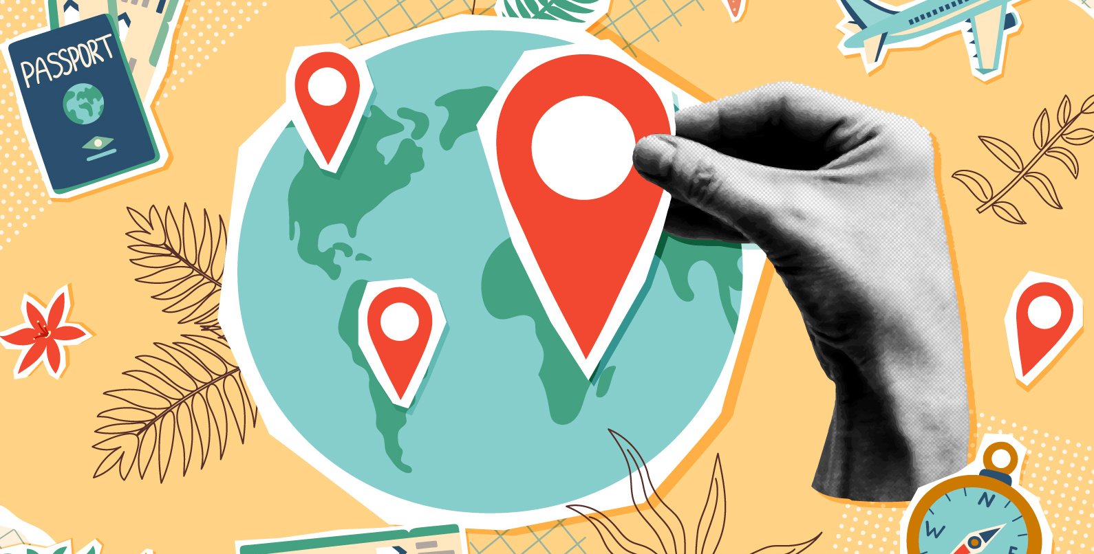 A decorative image depicting international travel including images of a passport, a map of the globe, an airplane, and a ticket.