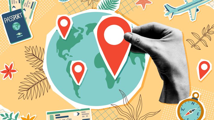 A decorative image depicting international travel including images of a passport, a map of the globe, an airplane, and a ticket.